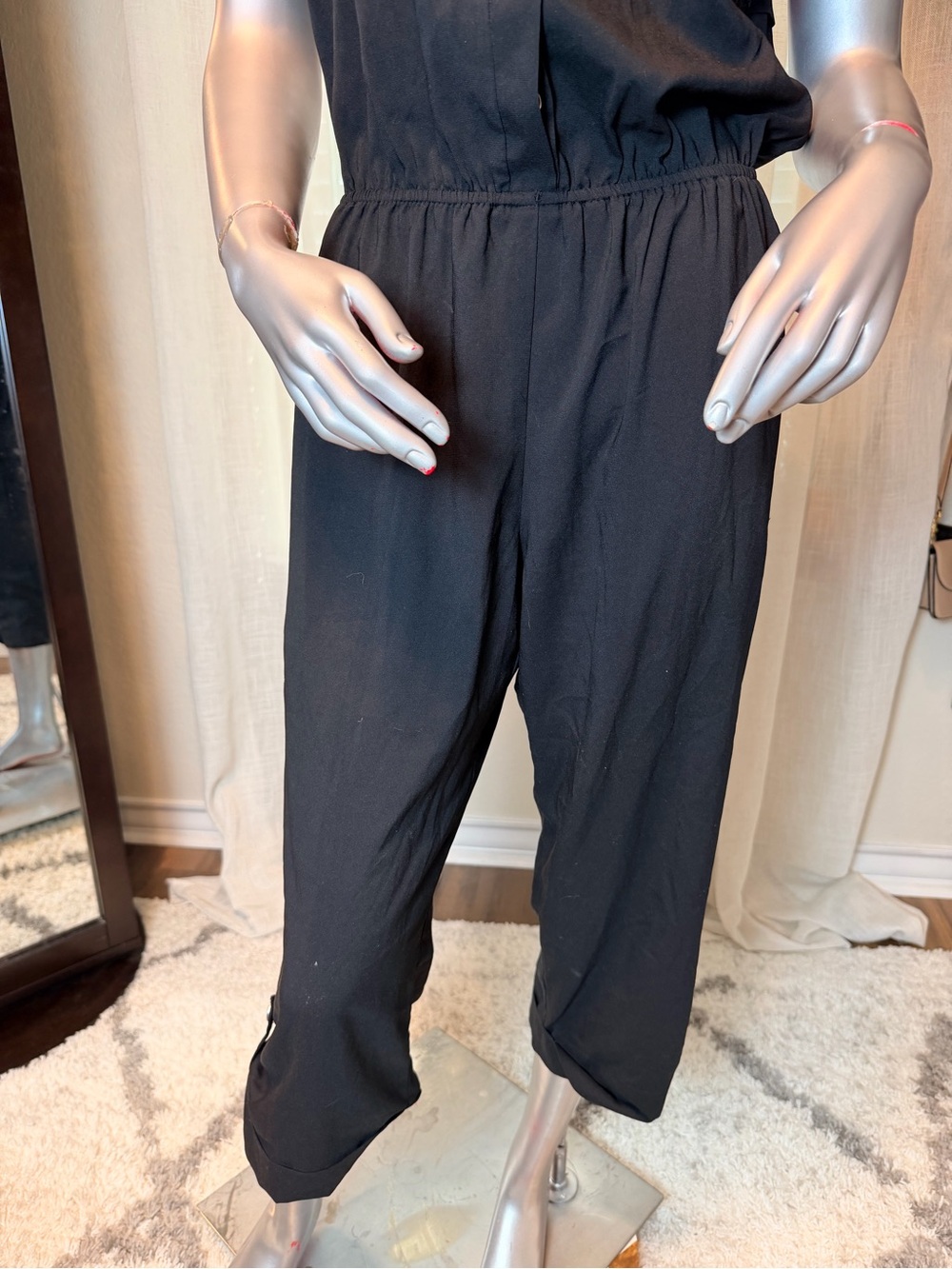 BCBGeneration BCBG Black Utility Jumpsuit Medium Cap Sleeve Cinched Waist Travel - Picture 4 of 13